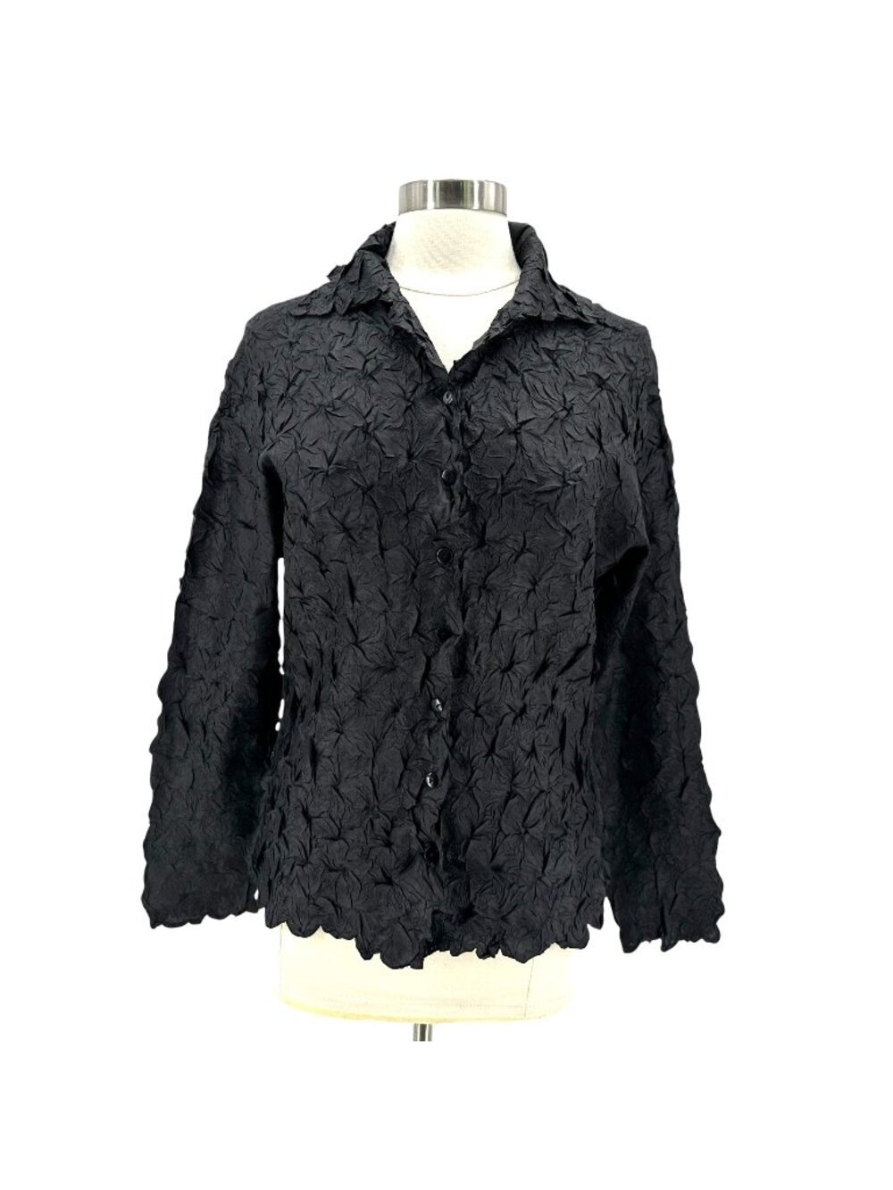 Pretty Angel Womens Large Top Crinkle Silk Rayon Black Button Collared